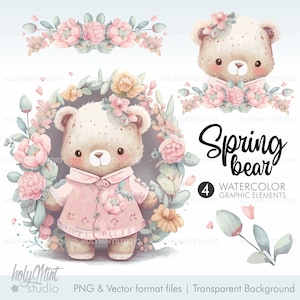 Spring Bear Clipart, Bear Baby Girl Clipart, Teddy Bear Clipart, Bear Clipart, Watercolor Bear, Spring Clipart, Spring Graphics, Spring