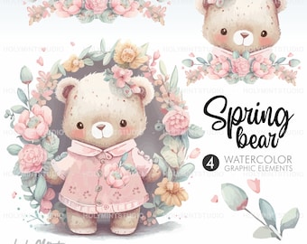 Spring Bear Clipart, Bear Baby Girl Clipart, Teddy Bear Clipart, Bear Clipart, Watercolor Bear, Spring Clipart, Spring Graphics, Spring
