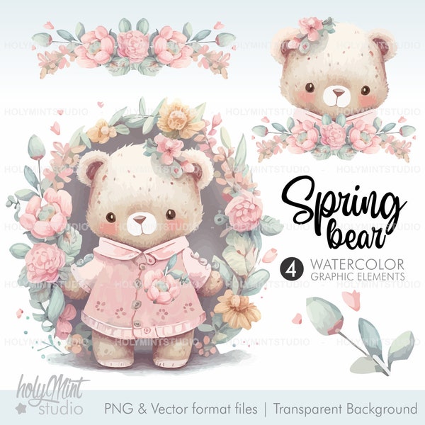 Spring Bear Clipart, Bear Baby Girl Clipart, Teddy Bear Clipart, Bear Clipart, Watercolor Bear, Spring Clipart, Spring Graphics, Spring