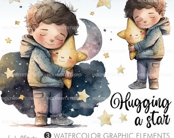 Boy Clipart Vector, Boy Clipart, Boy Graphics, Night Clipart, Sweet Dreams Clipart, Nursery Art Decor, Friends Clipart, Star Clipart, Night