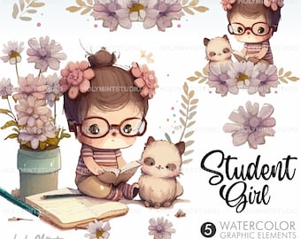 Watercolor Student Girl Clipart, Schoolgirl Clipart, Girl Clipart, Back to School Clipart, Girl Reading Clipart, School Kid, Nursery Art