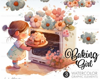 Baking Girl Watercolor Clipart Vector, Vector Graphics, Chef Clipart, Lets Bake, Baking, Kitchen Clipart, Baker Clipart, Baking Supplies