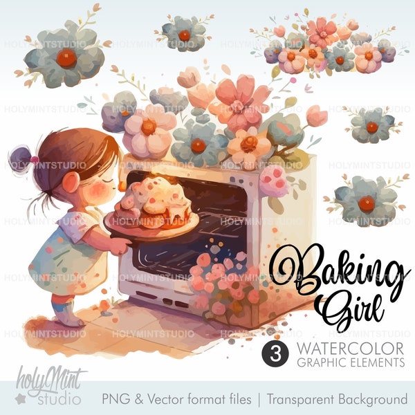 Baking Girl Watercolor Clipart Vector, Vector Graphics, Chef Clipart, Lets Bake, Baking, Kitchen Clipart, Baker Clipart, Baking Supplies