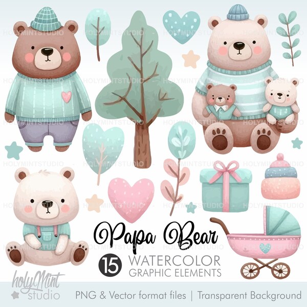 Father's Day Clipart, Bear Clipart, Dad Clipart, Watecolor Dad, Watercolor Father, Baby Bear Clipart, Dad and Baby, Woodland Bear Clipart