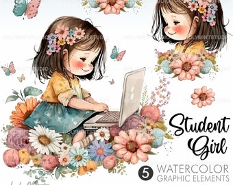 Watercolor Student Girl Clipart, Schoolgirl Clipart, Girl Clipart, Back to School Clipart, School Kid, Nursery Art, Spring Clipart,