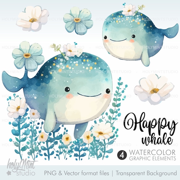 Whale Clipart, Watercolor Whale Clipart, Whale Vector, Whale Graphics, Under the Sea Clipart, Ocean Clipart, Sea Clipart, Cute Whale, Baby