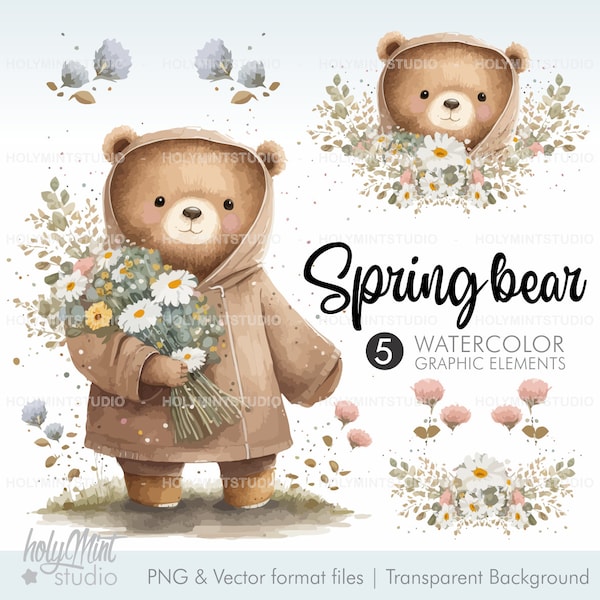 Spring Bears Clipart, Bears Vector, Bears Clipart, Bears Graphics, Love Clipart, Valentine's Day Clipart, Love Graphics, Bear Illustrations