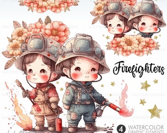 Firefighters Clipart, Watercolor Firefighters Clipart Vector, Firefighters Illustrations, Firefighters Graphics, Firemen Clipart, Firefight