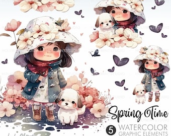 Spring Clipart, Spring Girl Clipart, Girl with Puppy, Cute Girl Clipart, Spring Graphics, Floral Spring, Floral Clipart, Friends Clipart