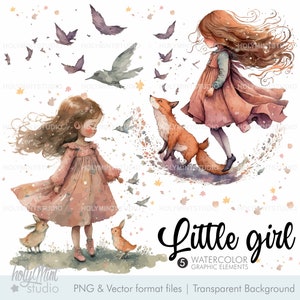 Girl Clipart, Fox Clipart, Autumn Clipart, Outdoor, Woodland Clipart, Girl Illustrations, Watercolor Clipart, COMMERCIAL USE, Girl Vector