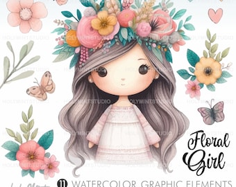 Floral Girl Clipart, Watercolor Girl, Spring Girl Clipart, Romantic Girl Clipart, Spring Clipart, COMMERCIAL USE, Cute Girl Clipart, Spring