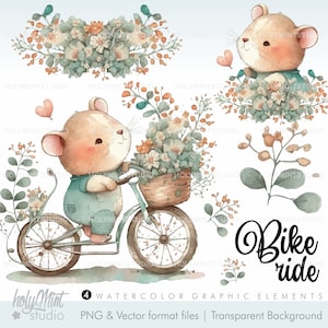 Mouse Clipart Clipart, Mouse Vector, Spring Clipart, Travel Clipart, Bike Ride Clipart, Adventure Clipart, Nursery Art Decor, Watercolor