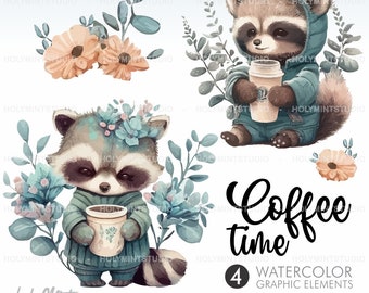Racoon Clipart, Racoon Watercolor Clipart, Baby Shower Graphics, Nursery Decor Wall Art, Woodland Animal, Watercolor Woodland, Racoons