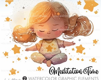 Meditation Clipart, Mindfulness Practice, Yoga Clipart, Reflection, Calm, Relax Day Clipart, Sleep Routine, Sweet Dreams, Night Clipart