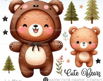 Bear Clipart, Woodland Bear Clipart, Forest Bear Clipart, Cute Bear Clipart, Watercolor Bears, Watercolor Forest, Teddy Bears Clipart