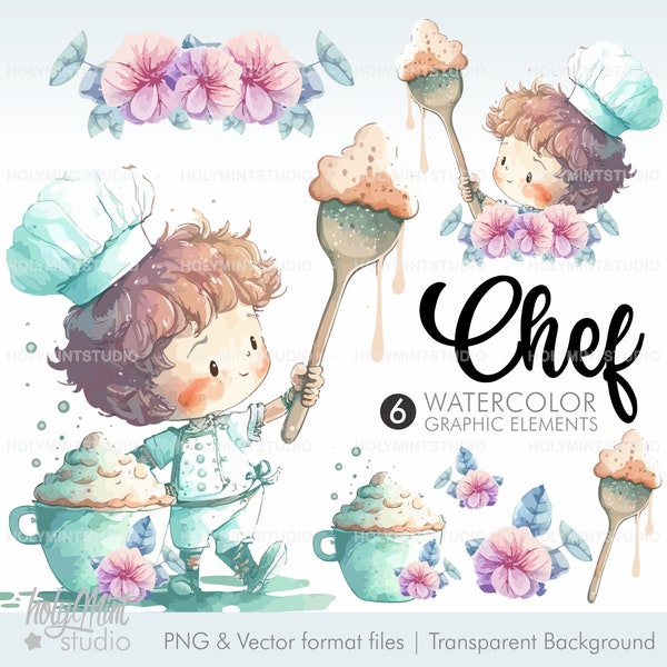 Chef Clipart, Baking Clip Art, Baking Boy Clipart, COMMERCIAL USE, Watercolor Chef, Cook Chef Clipart, Kitchen Clipart, Cooking Clipart