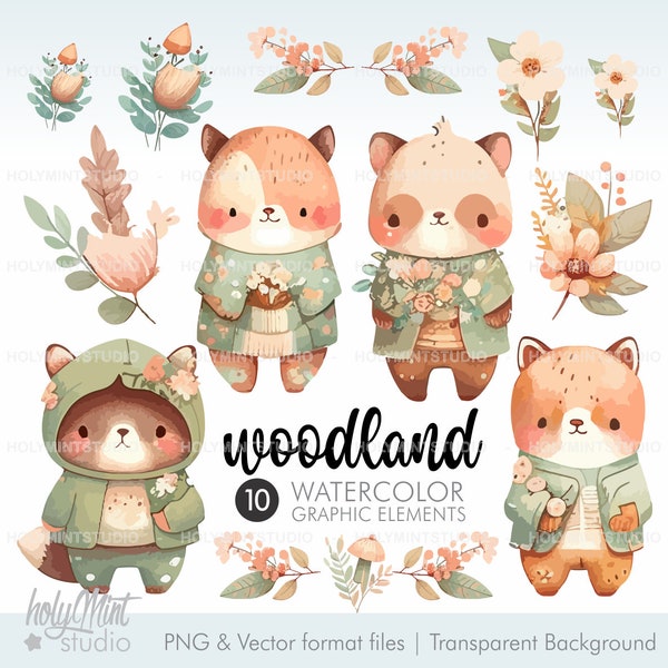 Woodland Animals Clipart, Woodland Vector, Woodland PNG, Animals Vector Clipart, Woodland Clipart, Autumn Clipart, Watercolor Woodlands