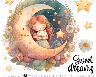 Sweet Dreams Clipart, Watercolor Clipart Sweet Dreams, Nursery Decor, Good Night Clipart, Watercolor Good Night Clip Art, Sleep Routine