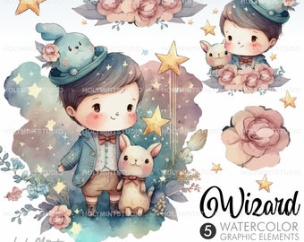 Watercolor Wizard Clipart Vector, Magical Clipart, Kids Clipart, Wizard Clipart, Halloween Clipart, Wizard Graphics, Fantasy Clipart, Mystic