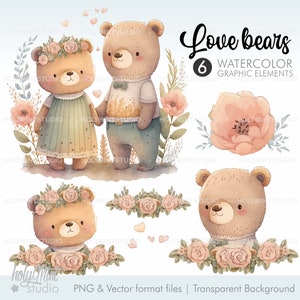 Watercolor Bears, Valentine's Day Clipart, Anniversary Clipart, Bears Vector, Love Vector, Love Clipart, Bears Clipart, Bear Illustrations
