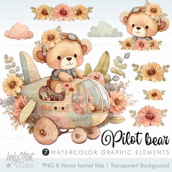 Pilot Clipart, Watercolor Aviator Clipart, Watercolor Pilot Clipart Vector, Aviator Party, Pilot Bear Clipart, Aviator Clip Art, Aviator