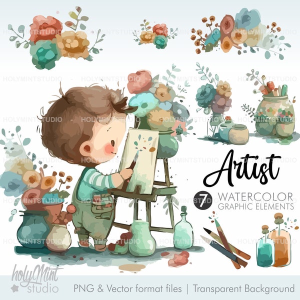 Artist Boy Clipart Vector, Watercolor Artist Clipart, Artist Clipart, Art Clipart, Nursery Art Decor, Paint Clipart, Art Party, LittleArtist