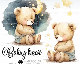 Baby Bear Clipart, Bear Clipart, Watercolor Bear Clipart, Bear Clip Art, Cute Baby Bear, COMMERCIAL USE, Bear Graphics, Teddy Bear Clipart