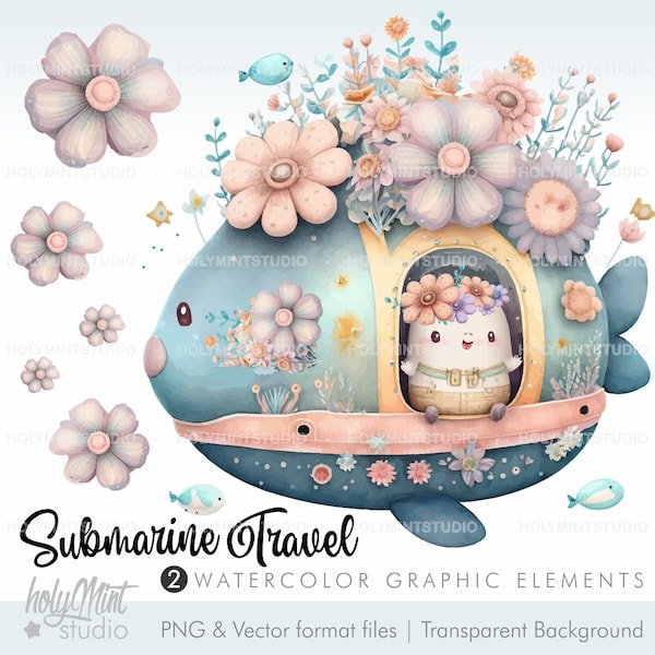 Watercolor Submarine Clipart, Under The Sea, Nautical Clipart, Ocean Clipart, Submarine Clipart, Nursery Art Decor, Travel Clipart, Ocean