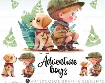 Boy Clipart, Dog Clipart, Friends Clipart, Besties Clipart, Adventure Clipart, Family Clipart, Dog Clip Art, Puppy Clipart, Watercolor Dog