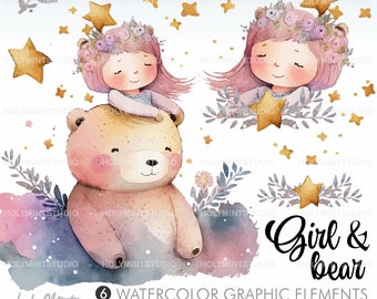 Friends Clipart, Besties Clipart, Best Friends Clipart, Girl and Bear, Best Friends Graphics, Watercolor Friends Clipart, Watercolor Girl