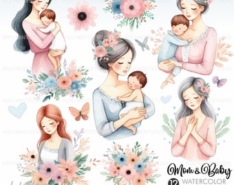 Mother's Day Clipart, Watercolor Mom, Watercolor Mother, Mom and Baby Clipart, Mom Graphics, Mother Graphics, Mothers Day, Watercolor Spring