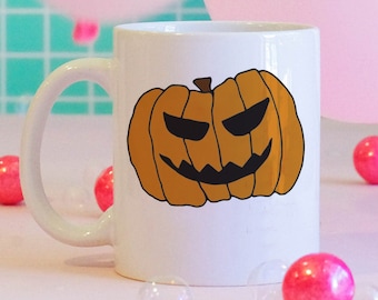 Evil Pumpkin Halloween Coffee Mug, Spooky Illustration