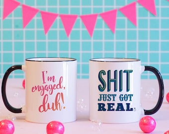 His and Hers Matching Engagement Black Rim Coffee Mugs, Engagement Gift, Funny Mugs, Cute Mugs