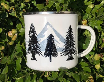 Trees and Mountains Enamel Camper Mug, Camper Coffee Mug, Glamping Mug, Camping Gear, Camping Coffee Mug
