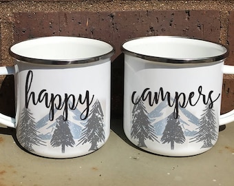 Happy Campers Camper Mug Set, Nature Mug, Tin Mug, Mountain Mugs, Matching Camper Mugs