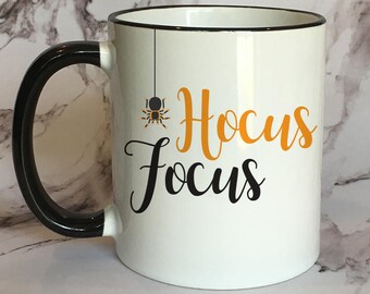 Hocus Focus Black Rim Coffee Mug, Funny Halloween Mug, Spider Coffee Mug, Halloween Coffee Mug, Fall Mug