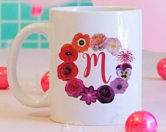 Flower Ring w/ Custom Monogram Coffee Mug, Floral Mug, Custom Coffee Mug, Personalized Coffee Mug, Bridesmaids