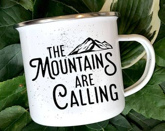 The Mountains Are Calling Enamel Camper Mug, Camper Coffee Mug, Camping Gear, Camping Coffee Mug