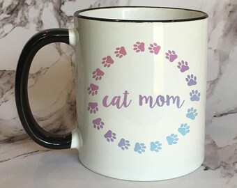Cat Mom Black Rimmed Coffee Mug, Cat Mom Mug, Crazy Cat Lady Mug, Cat Mug