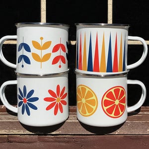 Retro Camper Mugs Set of Four, Vintage Design Enamel Mugs, Retro Enamel Mugs, 1960s Style Mugs, 1970s Style Mugs, Vintage Mugs