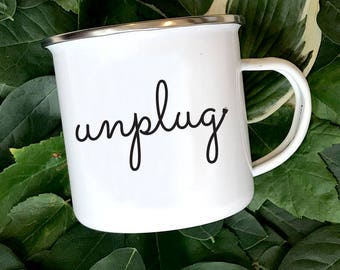 Unplug Enamel Camper Mug, Camper Coffee Mug, Camping Gear, Camping Coffee Mug