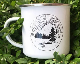 Pine Tree Drawing Enamel Camper Mug, Camper Coffee Mug, Camping Gear, Camping Coffee Mug