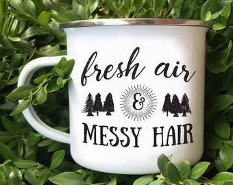 Fresh Air Messy Hair Enamel Camper Mug