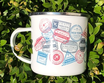 Taza de esmalte para autocaravana con sellos de pasaporte, taza de café glamping