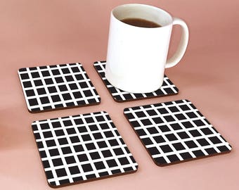 Black and White Grid Coasters, Modern Housewarming Gift, Set of 4