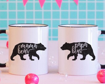 Mama Bear Papa Bear Mug Set, Matching Black Rim Ceramic Mugs