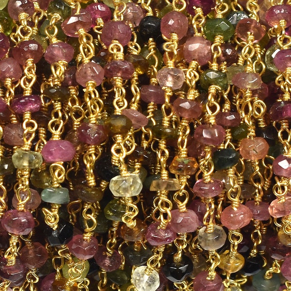 Multi Tourmaline Faceted Rosary Beaded Chain~~~3.50mm-4 mm~~~3 Feet~~Multi Tourmaline Gold Wire Wrapped Chain