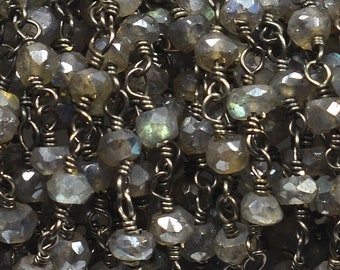 Labradorite Silver Coated Faceted Rosary  Beaded Chain~~~~3mm-3.5mm~~5 Feet~~Labradorite Beaded Black Plated Wire Wrapped Chain