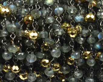 Bulk Sale~~Wholesale Sale~~Mega Sale~~50 Feet Labradorite And Gold Pyrite Beaded Chain 3mm-3.5mm Rosary Chain,Black Wire Wrapped Chain