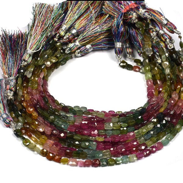 Natural Multi Tourmaline Faceted Rectangle Fancy Center Drill Beads~~~1 Strand~~5mmx5mm-5mmx4mm- 8 Inch
